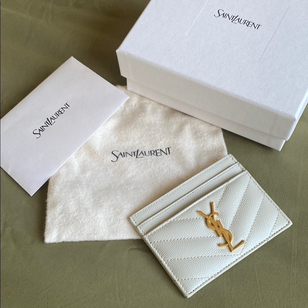 Saint Laurent Quilted White Card Holder with Gold Logo